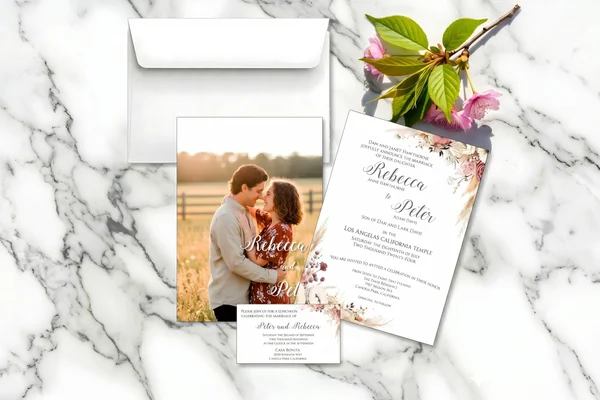 Complete Latter-day Saint wedding stationery set with matching envelopes and insert cards