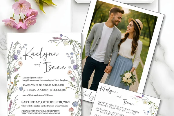 Gold foil temple sealing invitation on 130 lb premium cardstock for Utah couples