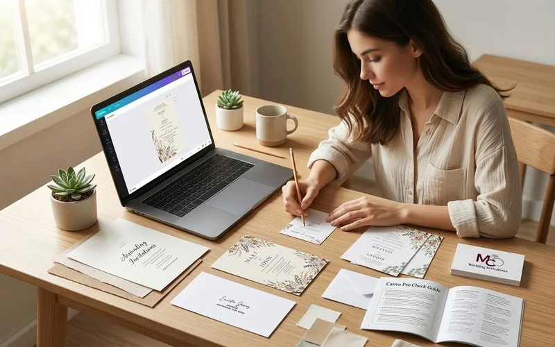 Bride working on a DIY wedding invitation design with craft supplies and a home printer
