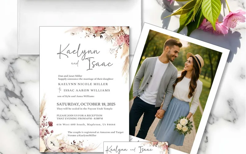 Finished photo-back wedding invitation printed on premium cardstock with vibrant color reproduction