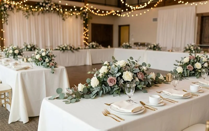 Latter-day Saint open house reception setup with decorated tables and a welcome sign