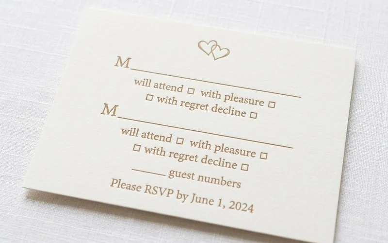 RSVP card example showing response line, meal choices, and reply-by date