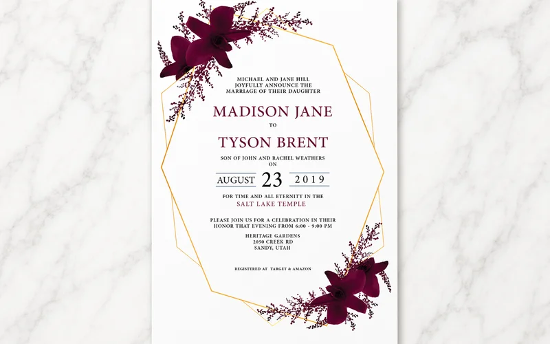 Temple sealing insert card showing arrival time and temple address information