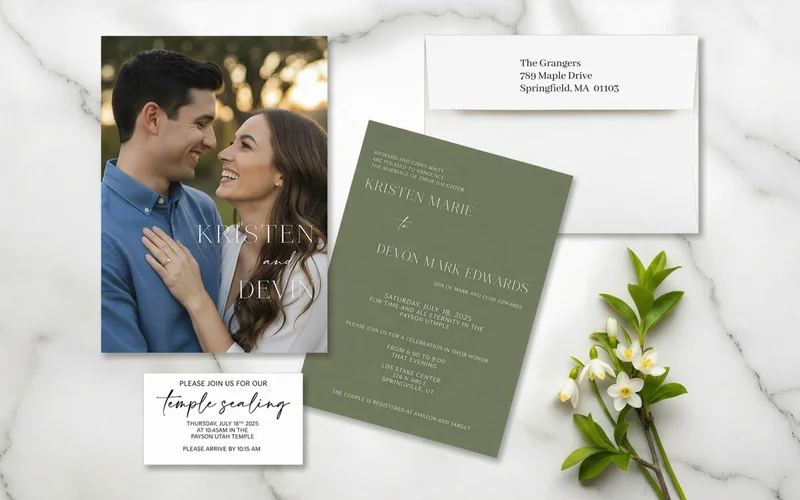 MCC Wedding Invitations temple sealing invitation suite with matching envelopes and insert cards for Utah Latter-day Saint couples