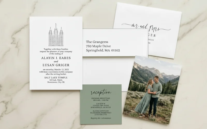 Wedding invitation suite showing sealing insert card alongside reception card inside envelope