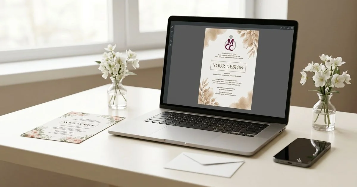 Wedding invitation digital proofing process showing a proof review on screen before printing